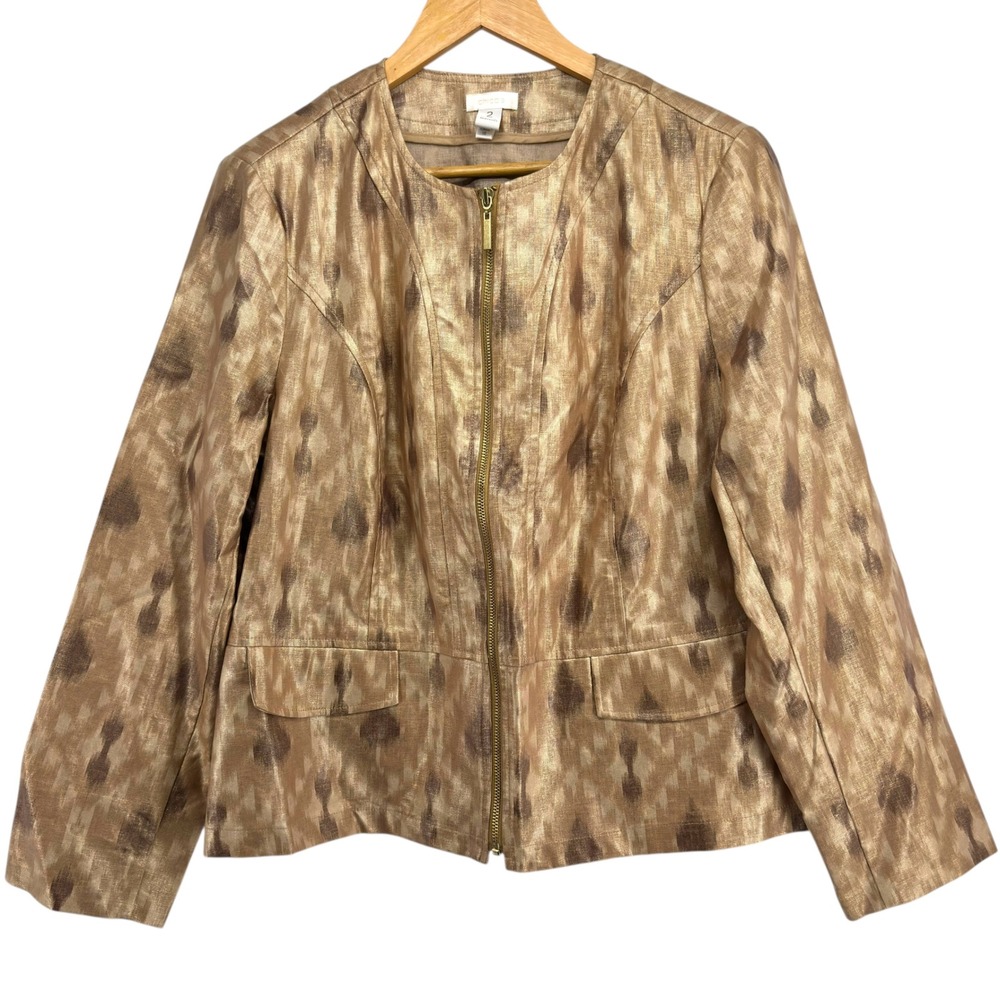 CHICO'S Metallic Foiled Linen Blend Full Zip Jacket Size 2/L Gold Glam Grandma